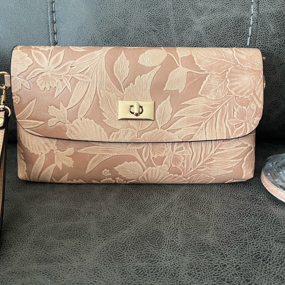 Elegant Pink Clutch with Tropical Leaf Pattern